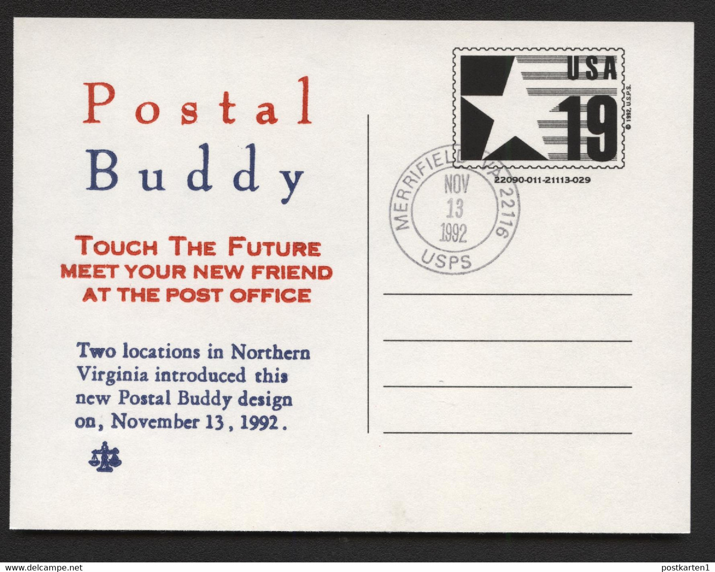 CVUX3 Postal Card Postal Buddy Type B FDC Merrifield VA 1992 - 1981-00