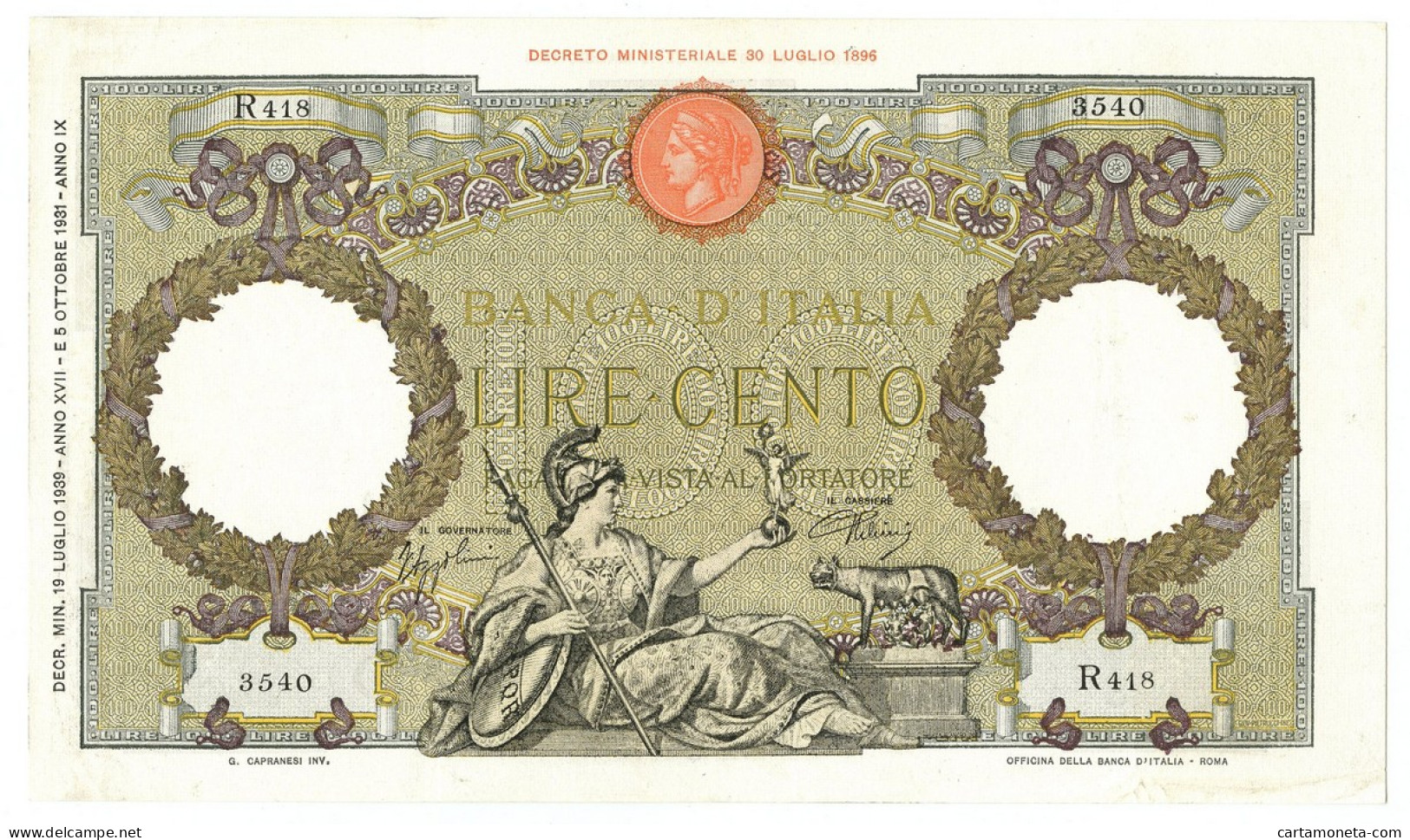 100 LIRE CAPRANESI AQUILA ROMANA TESTINA FASCIO ROMA 19/07/1939 BB/SPL - Sonstige