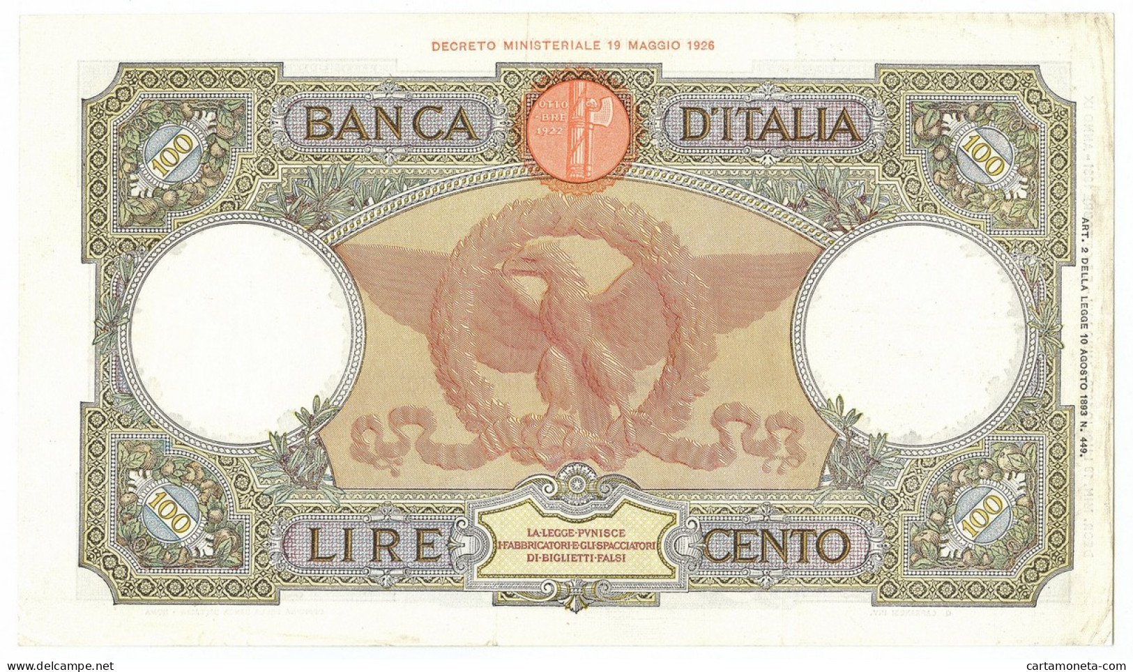 100 LIRE CAPRANESI AQUILA ROMANA TESTINA FASCIO ROMA 19/07/1939 BB/SPL - Sonstige