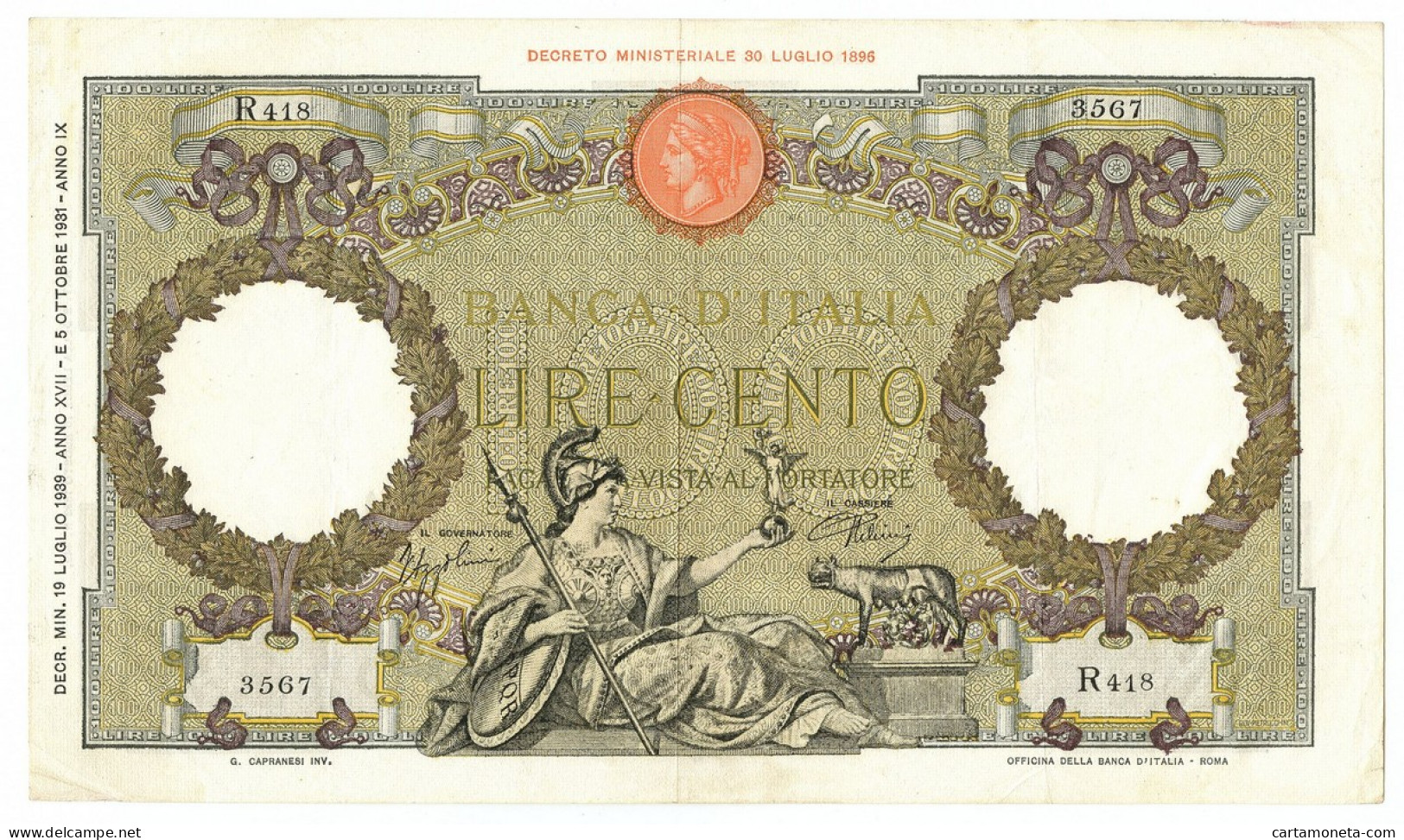 100 LIRE CAPRANESI AQUILA ROMANA TESTINA FASCIO ROMA 19/07/1939 BB/BB+ - Regno D'Italia – Autres