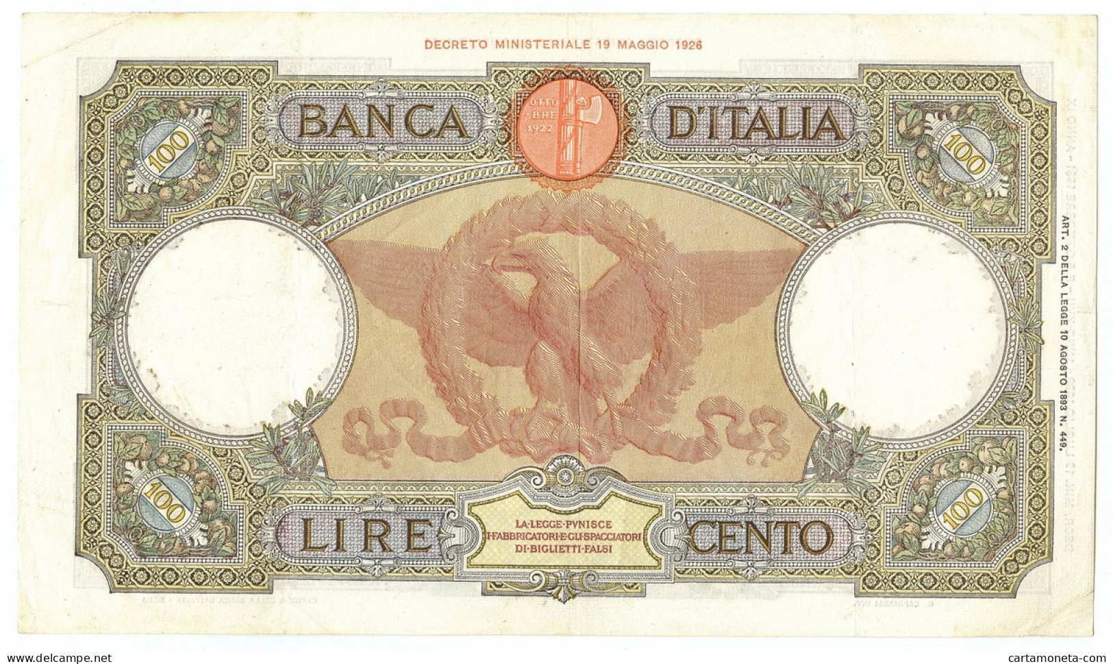 100 LIRE CAPRANESI AQUILA ROMANA TESTINA FASCIO ROMA 19/07/1939 BB/BB+ - Andere