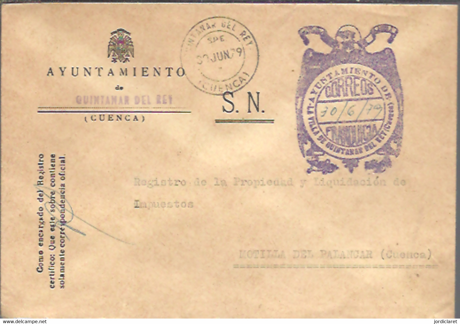 AYUNTAMIENTO  1979 QUINTANAR DEL REY  CUENCA - Postage Free