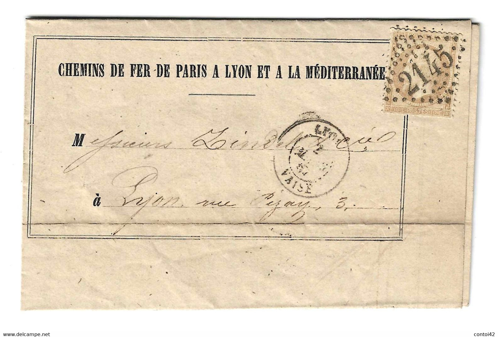 LETTRE TIMBRE 1867  LYON CHEMINS DE FER DE PARIS A LYON A LA MEDITERRANEE AUZANCES CREUSE CACHET DE CIRE OBLITERATION - Autres & Non Classés