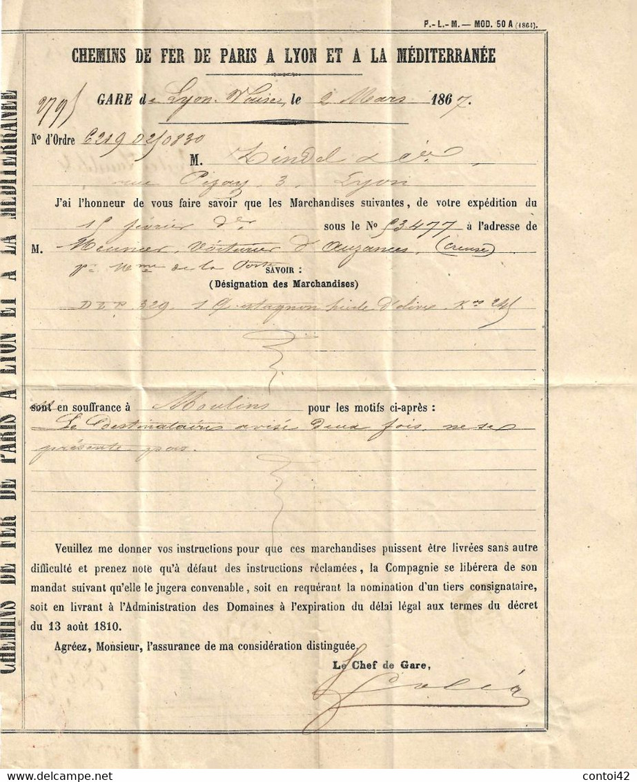 LETTRE TIMBRE 1867  LYON CHEMINS DE FER DE PARIS A LYON A LA MEDITERRANEE AUZANCES CREUSE CACHET DE CIRE OBLITERATION - Other & Unclassified