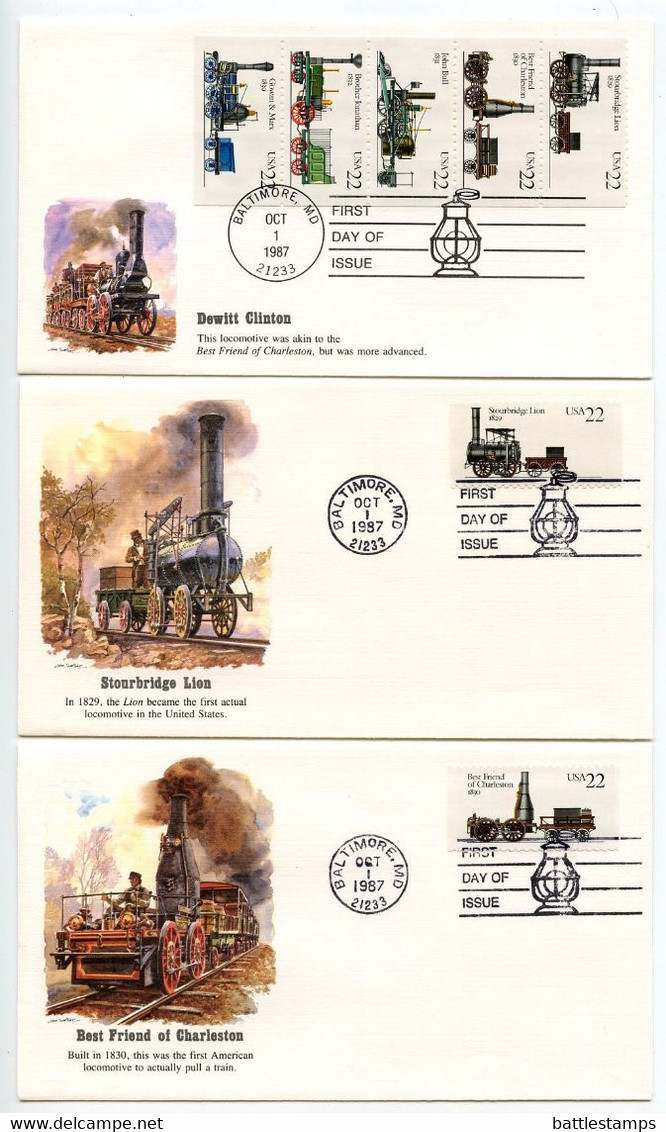 United States 1987 6 Fleetwood FDCs Scott 2362-2366, 2366a Locomotives / Trains - 1981-1990