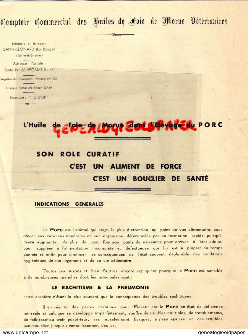 76- ST SAINT LEONARD LA ROUGE-FECAMP-RARE LETTRE HUILES HUILE FOIE MORUE VETERINAIRE ELEVAGE PORC-AGRICULTURE - Agriculture