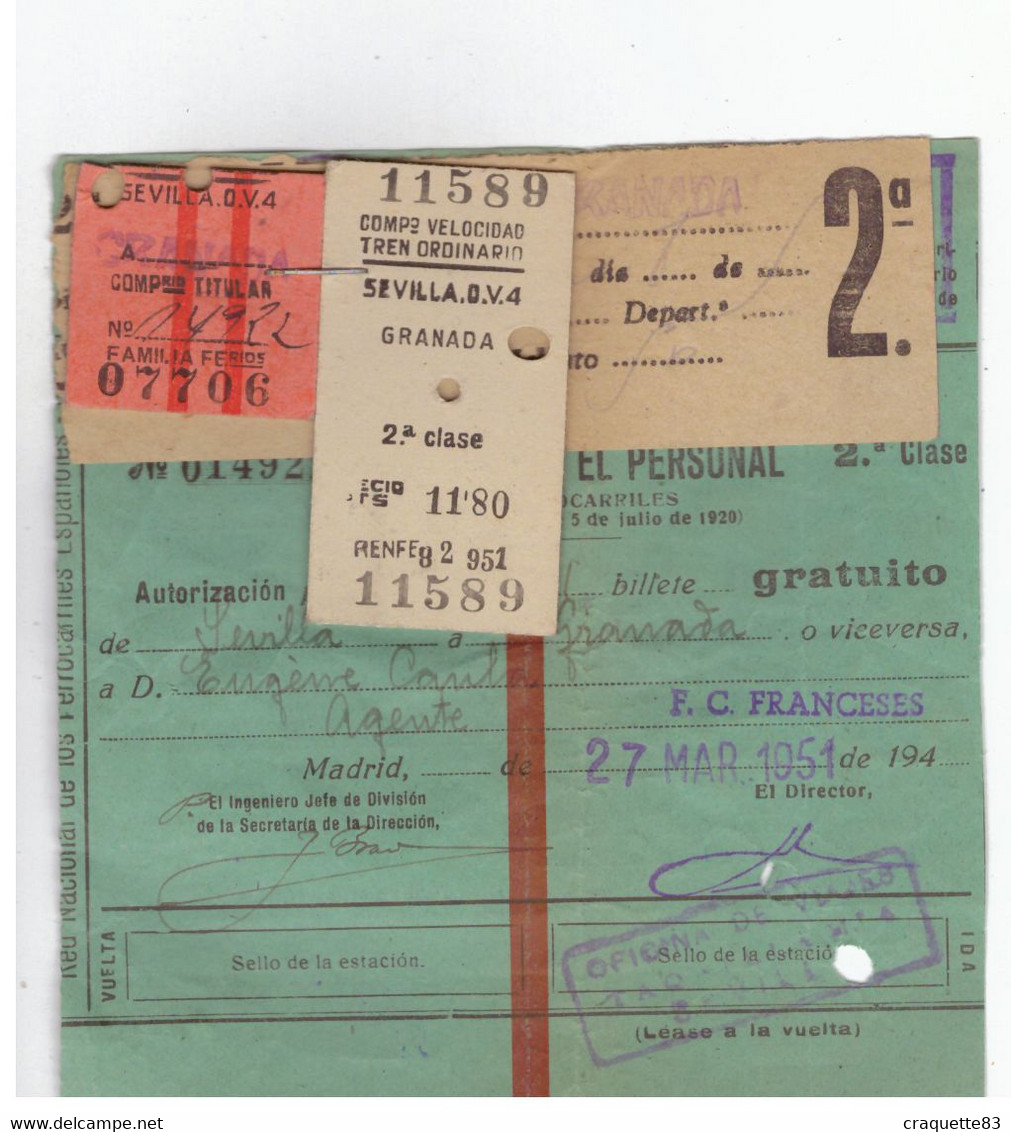 BILLETE PARA EL PERSONAL 2 CLASSE  MARS 1951  -SEVILLA GRANADA -Cie Velocidad Tren Ordinario  -2 Tickets + 2 BILLETS - Europe