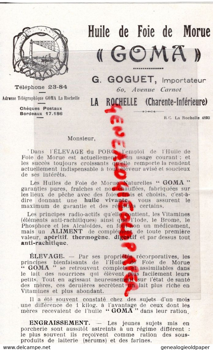 17- LA ROCHELLE- LETTRE TARIF G. GOGUET IMPORTATEUR HUILE FOIE MORUE-60 AVENUE CARNOT- GOMA-ELEVAGE DE PORC PORCS-1934 - Landwirtschaft