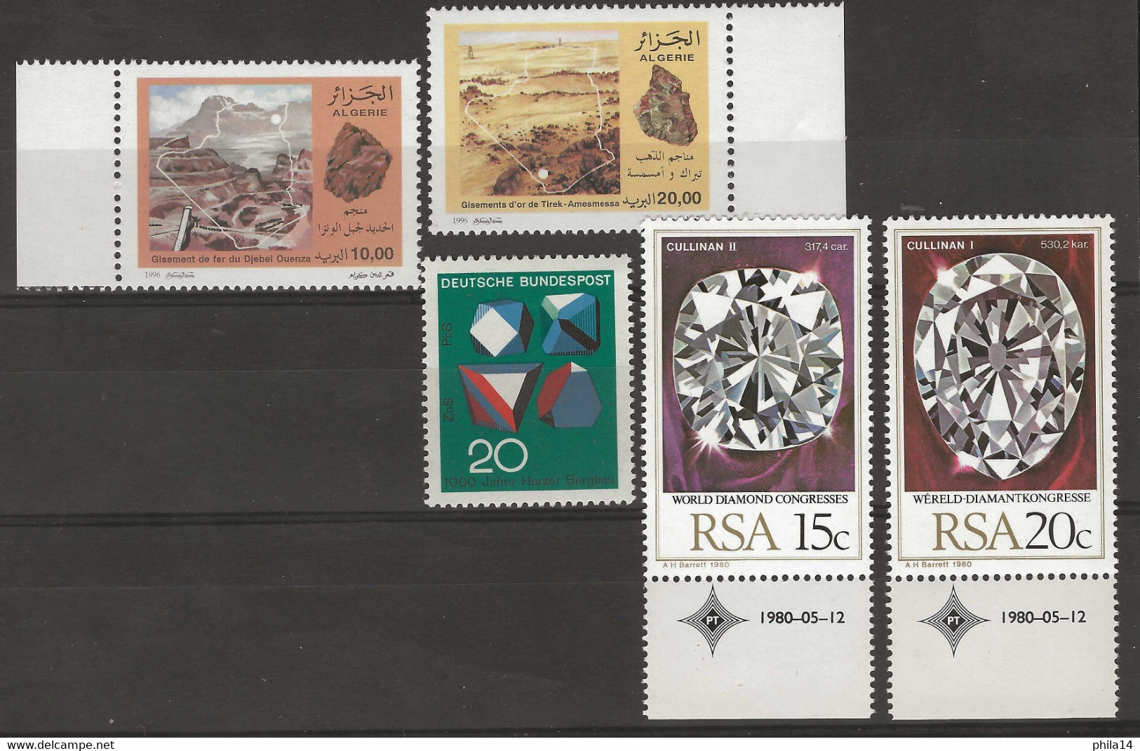 SP LOT DE 5 TIMBRES ** THEME MINERAUX / GEMS / ALGERIE ALLEMAGNE RSA - Minéraux