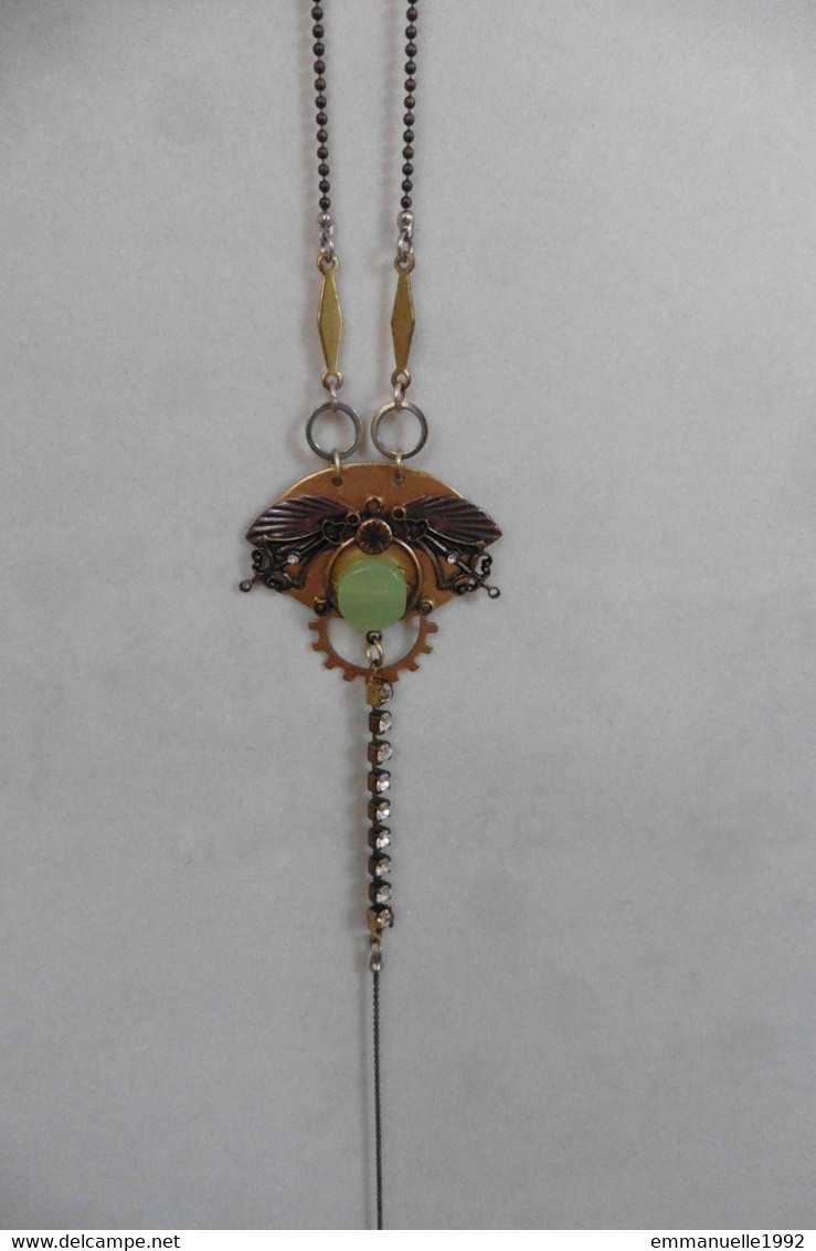 Collier Créateur La Fiancée Du Facteur Style 1900 Art Nouveau Chaîne Or Vieilli Libellule Scarabé Chainette Strass - Collares/Cadenas