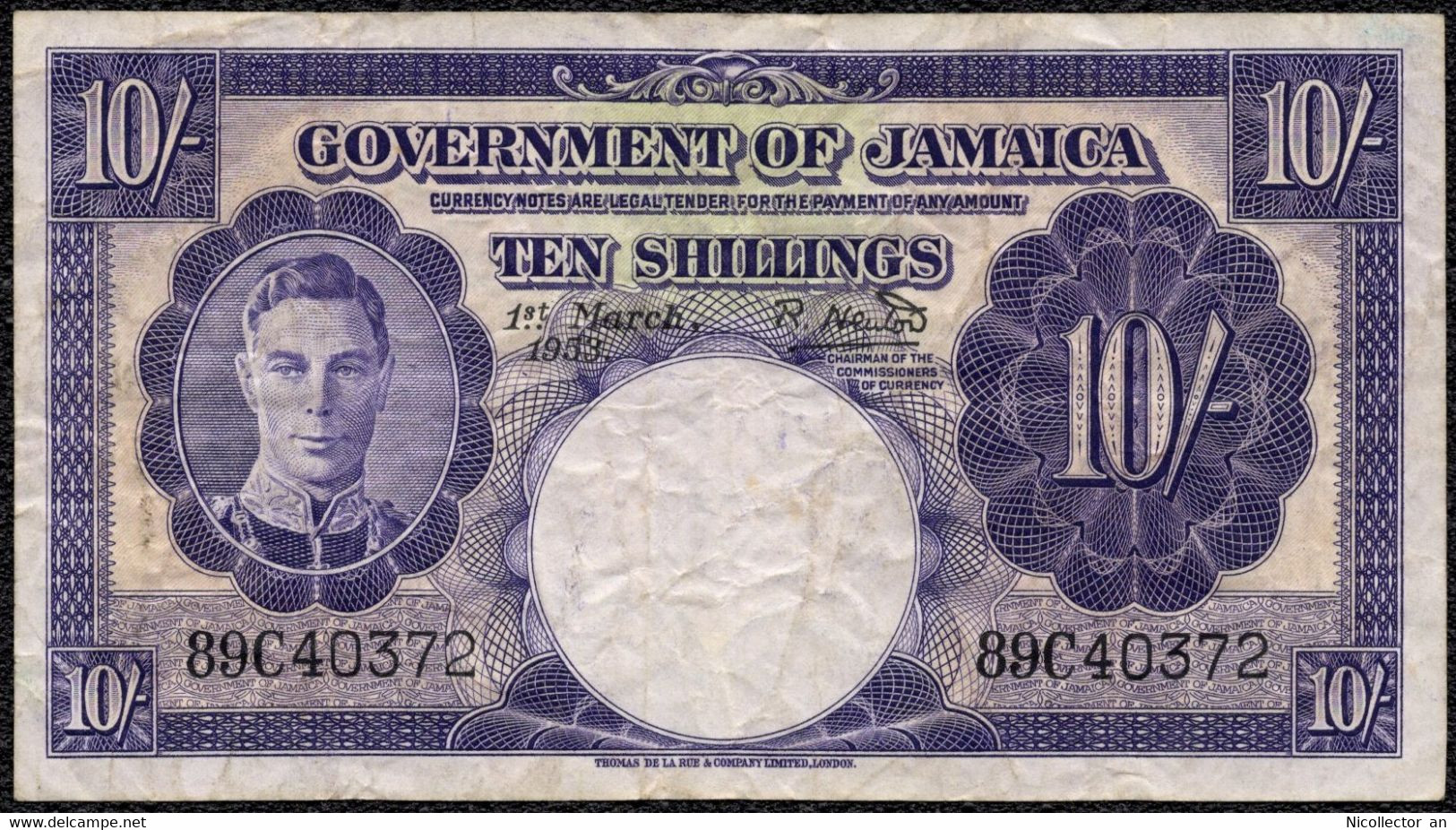 Jamaica 10 Shillings 1953 VF KGVI Banknote - Jamaique