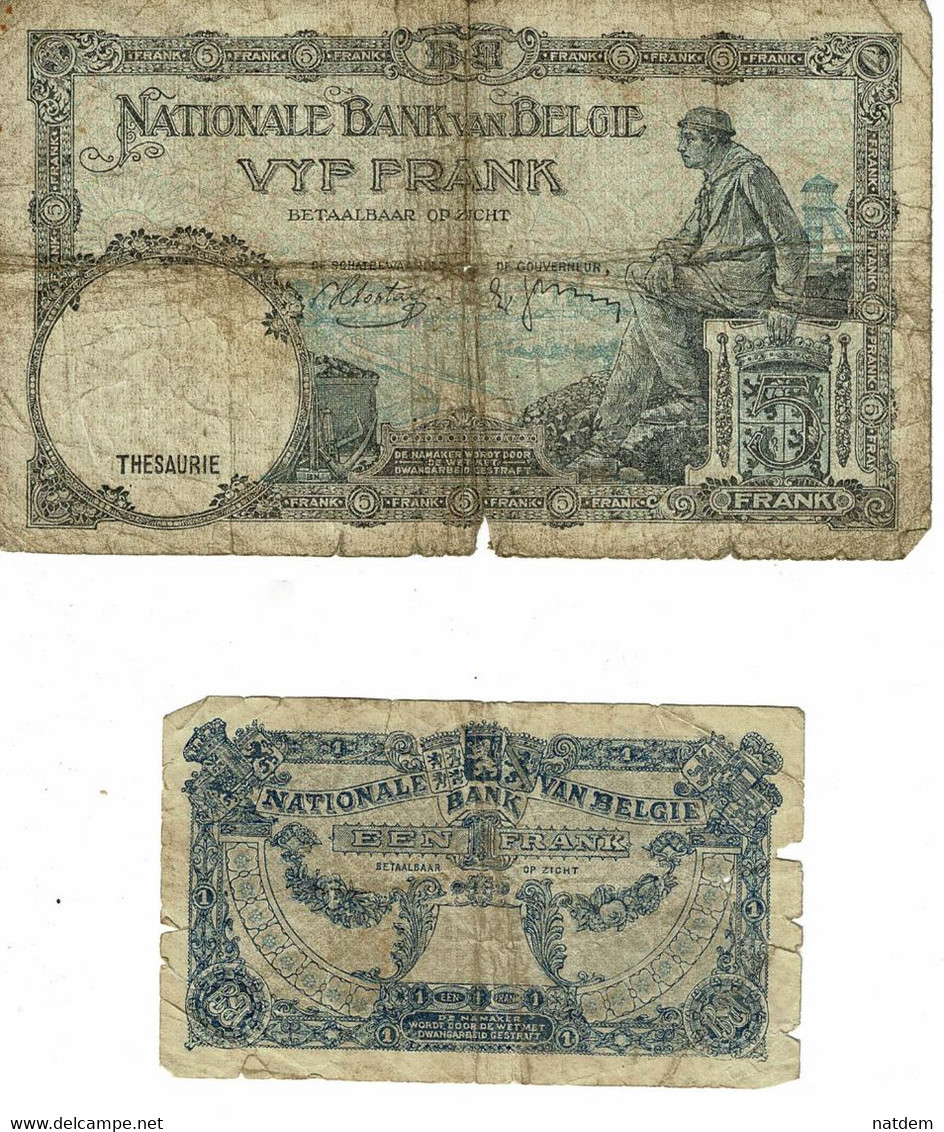 Belgique, (1920-1943), Billets Usagés : 1 Franc 15/11/20, 5 Francs 14/3/38 - 5 Francos