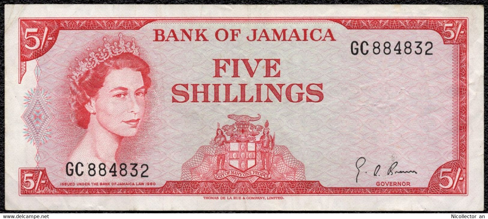 Jamaica 5 Shillings 1960 VF+ QEII Banknote - Jamaique