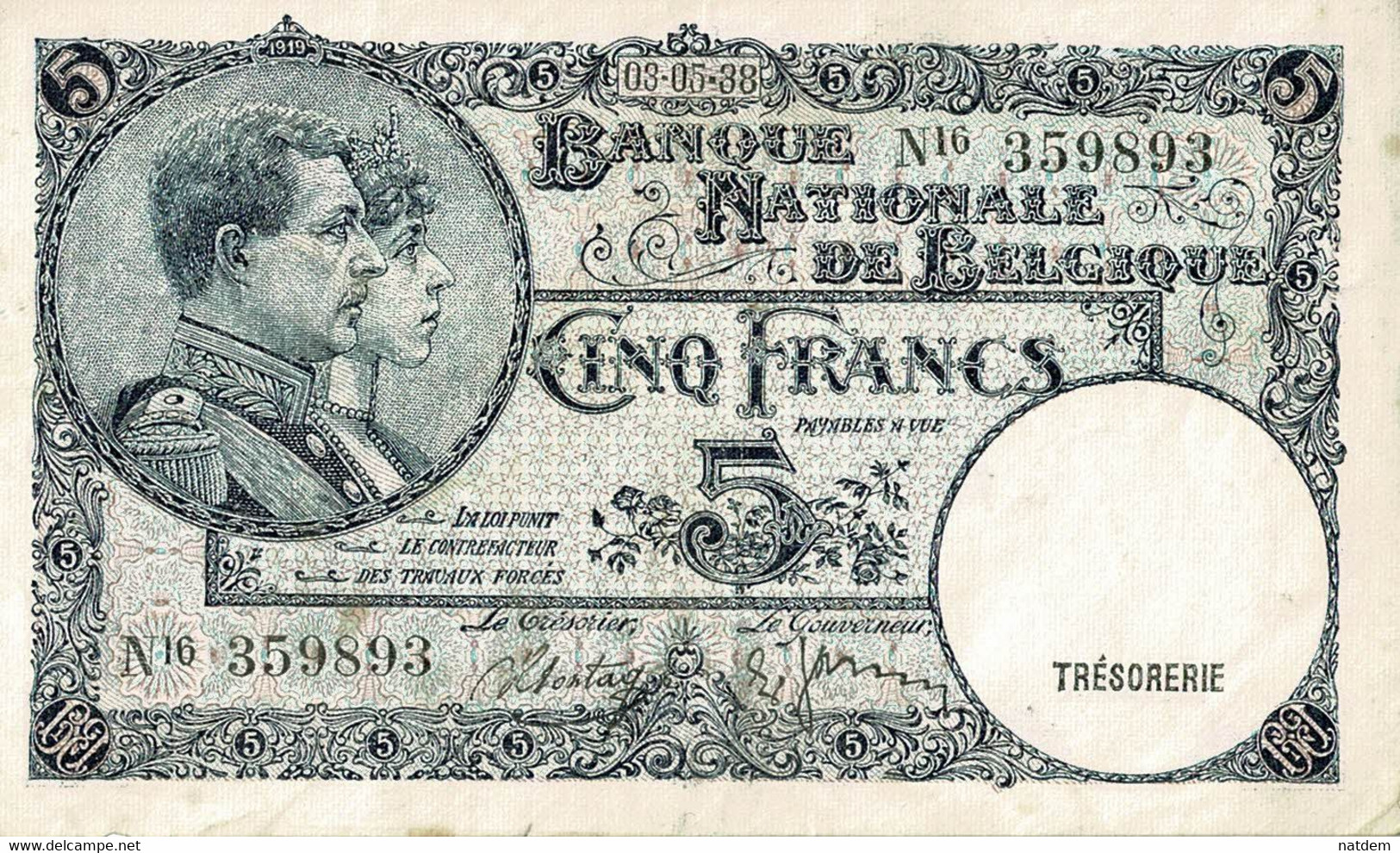 Belgique, (1920-1943), Billet Bel état, Cinq Francs 03/05/38 - 5 Francos