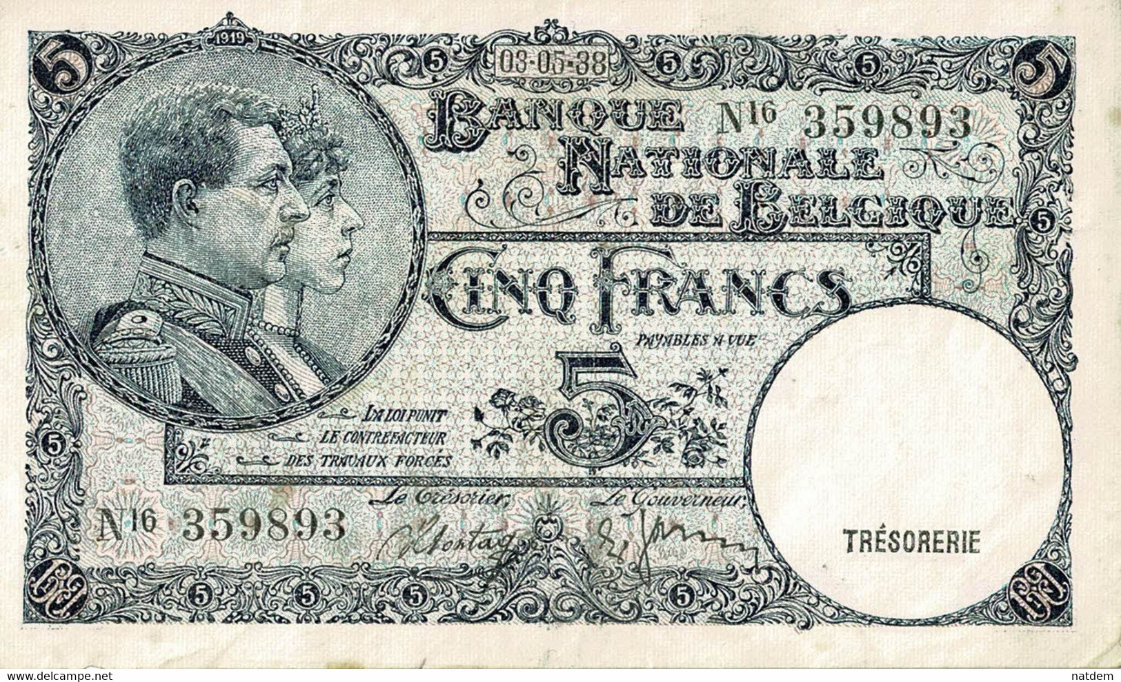 Belgique, (1920-1943), Billet Bel état, Cinq Francs 03/05/38 - 5 Franchi