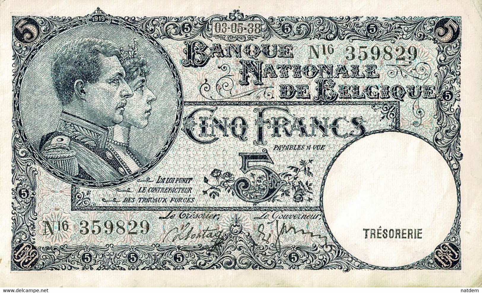 Belgique, (1920-1943), Billet Bel état, Cinq Francs 03/05/38 - 5 Francos