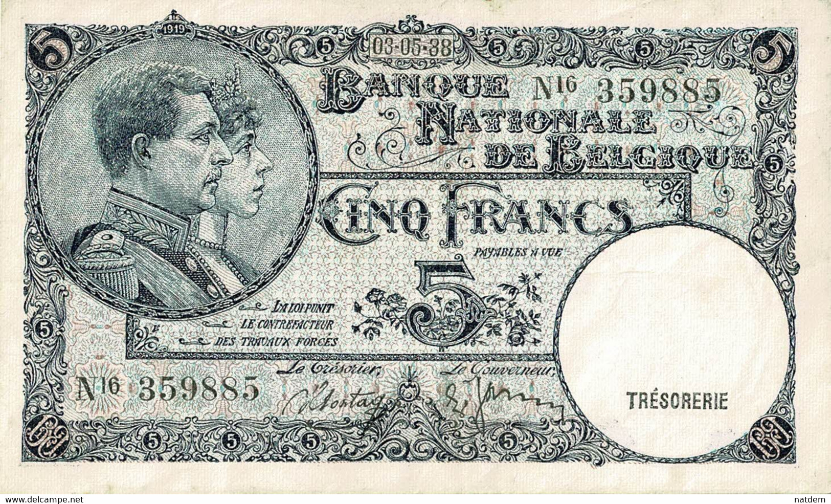 Belgique, (1920-1943), Billet Bel état, Cinq Francs 03/05/38 - 5 Franchi