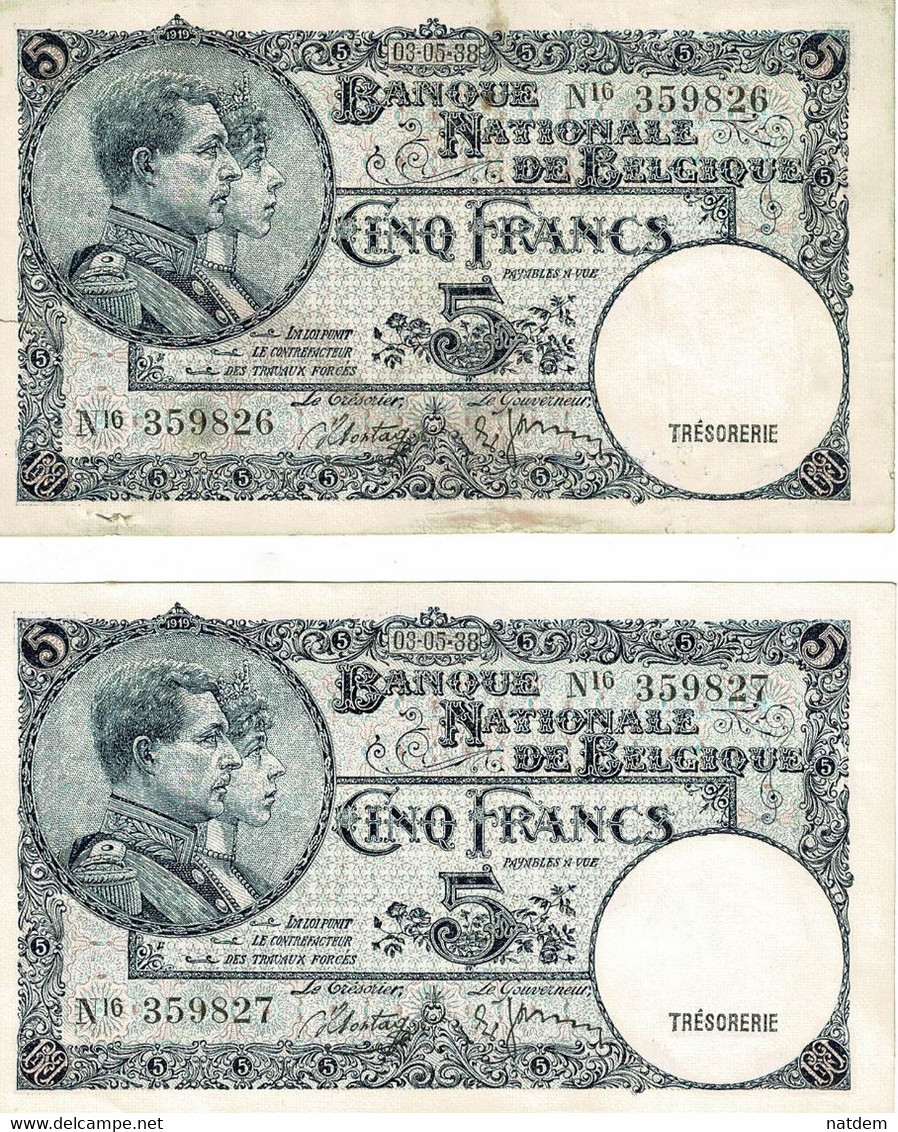 Belgique, (1920-1943), 2 Billets Bel état, Cinq Francs 03/05/38, Numéros Suivis - 5 Francs