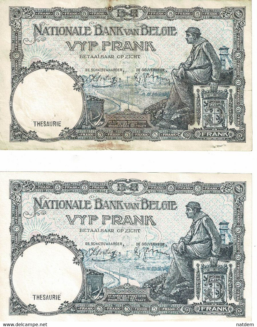 Belgique, (1920-1943), 2 Billets Bel état, Cinq Francs 03/05/38, Numéros Suivis - 5 Franchi