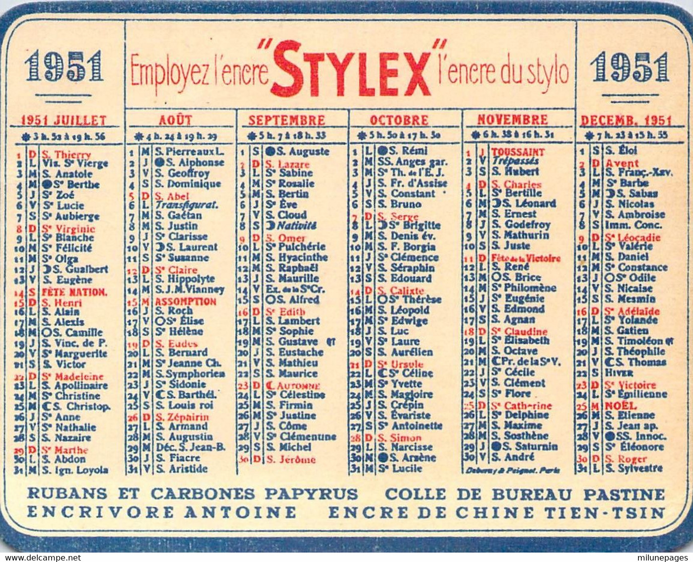 Calendrier De Poche 1951 Offert Par Les Encres Stylex Et Antoine - Petit Format : 1941-60