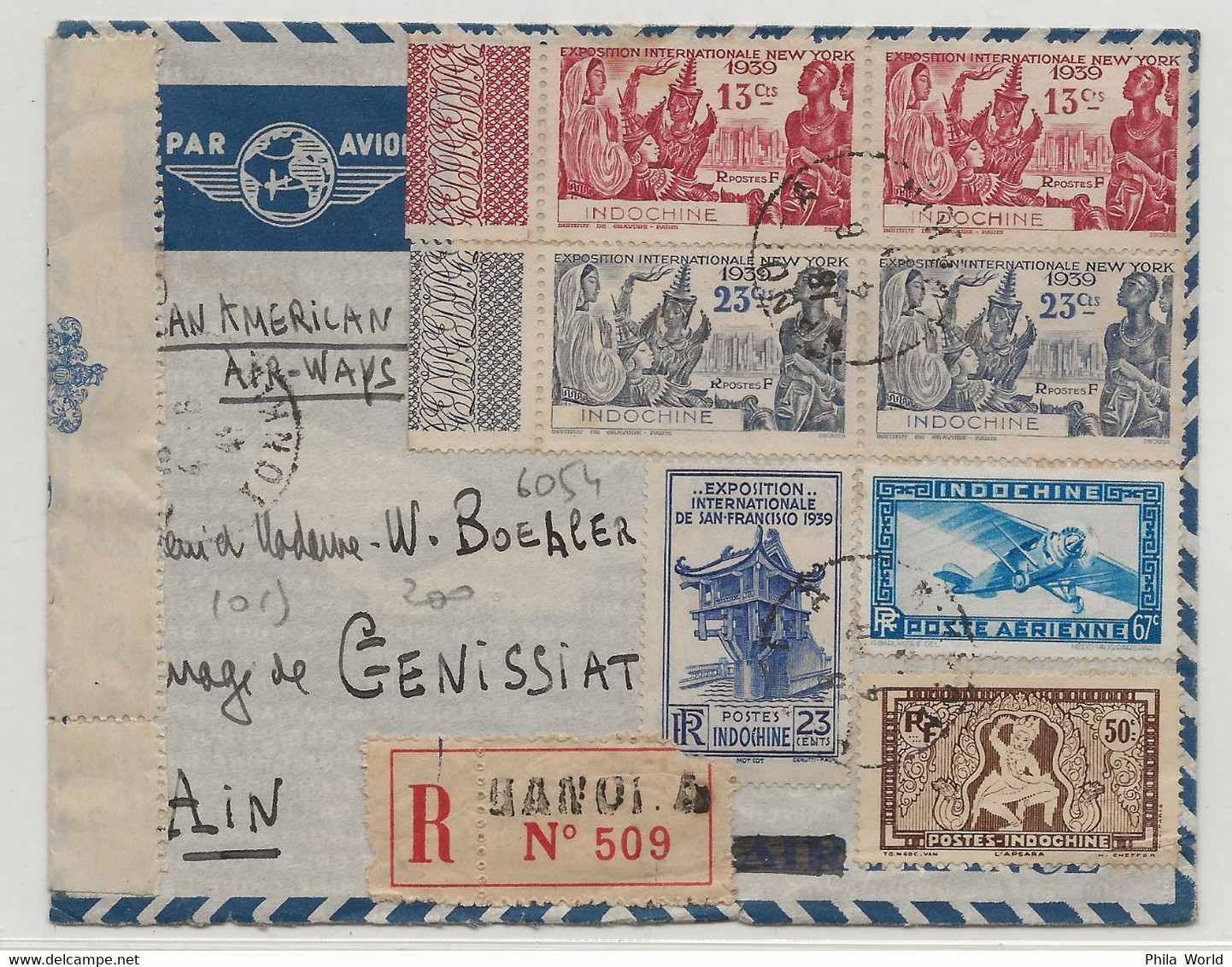 INDOCHINE WW2 1941 HANOI TONKIN Air Mail Cover > FRANCE Genissiat Billiat AIN HONG KONG Censortape & PANAM Route Via USA - Covers & Documents