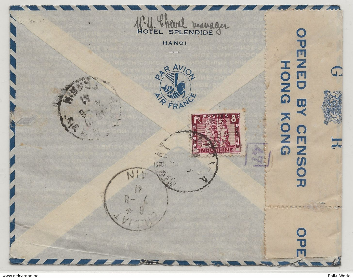INDOCHINE WW2 1941 HANOI TONKIN Air Mail Cover > FRANCE Genissiat Billiat AIN HONG KONG Censortape & PANAM Route Via USA - Storia Postale