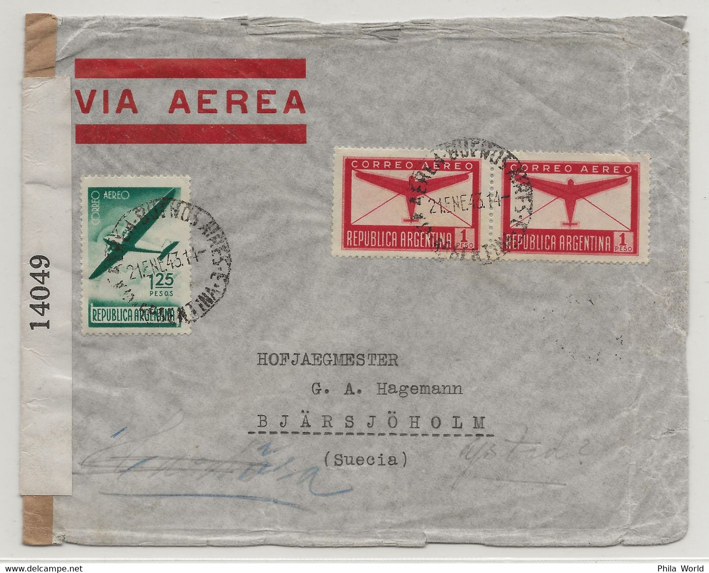 ARGENTINA WW2 1943 Buenos Aires Air Mail Cover > SWEDEN SUECIA PANAM Route Censortape USA EXAMINED 14049 - Storia Postale