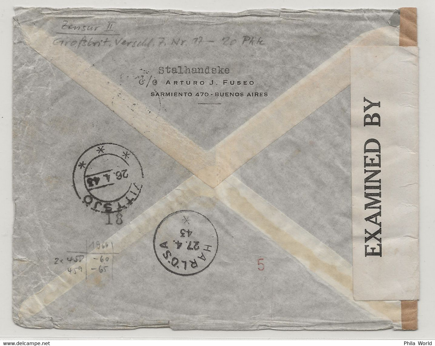 ARGENTINA WW2 1943 Buenos Aires Air Mail Cover > SWEDEN SUECIA PANAM Route Censortape USA EXAMINED 14049 - Storia Postale