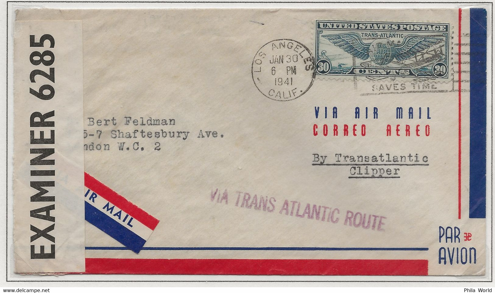 UNITED STATES WW2 1941 Los Angeles Air Mail Cover > ENGLAND London PANAM Route Censortape USA EXAMINED 6285 - Covers & Documents