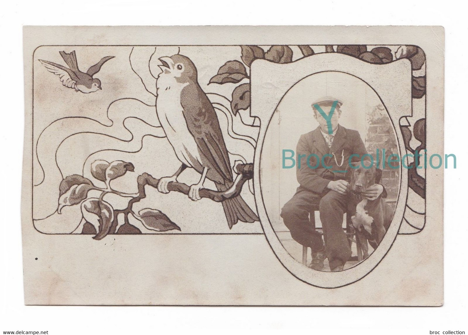 Carte-photo Louis L'Hermitte 1/2 Frère De Marguerite Et Son Chien, Montage, Art Nouveau, Oiseaux (Pierrefitte-sur-Seine) - Genealogy