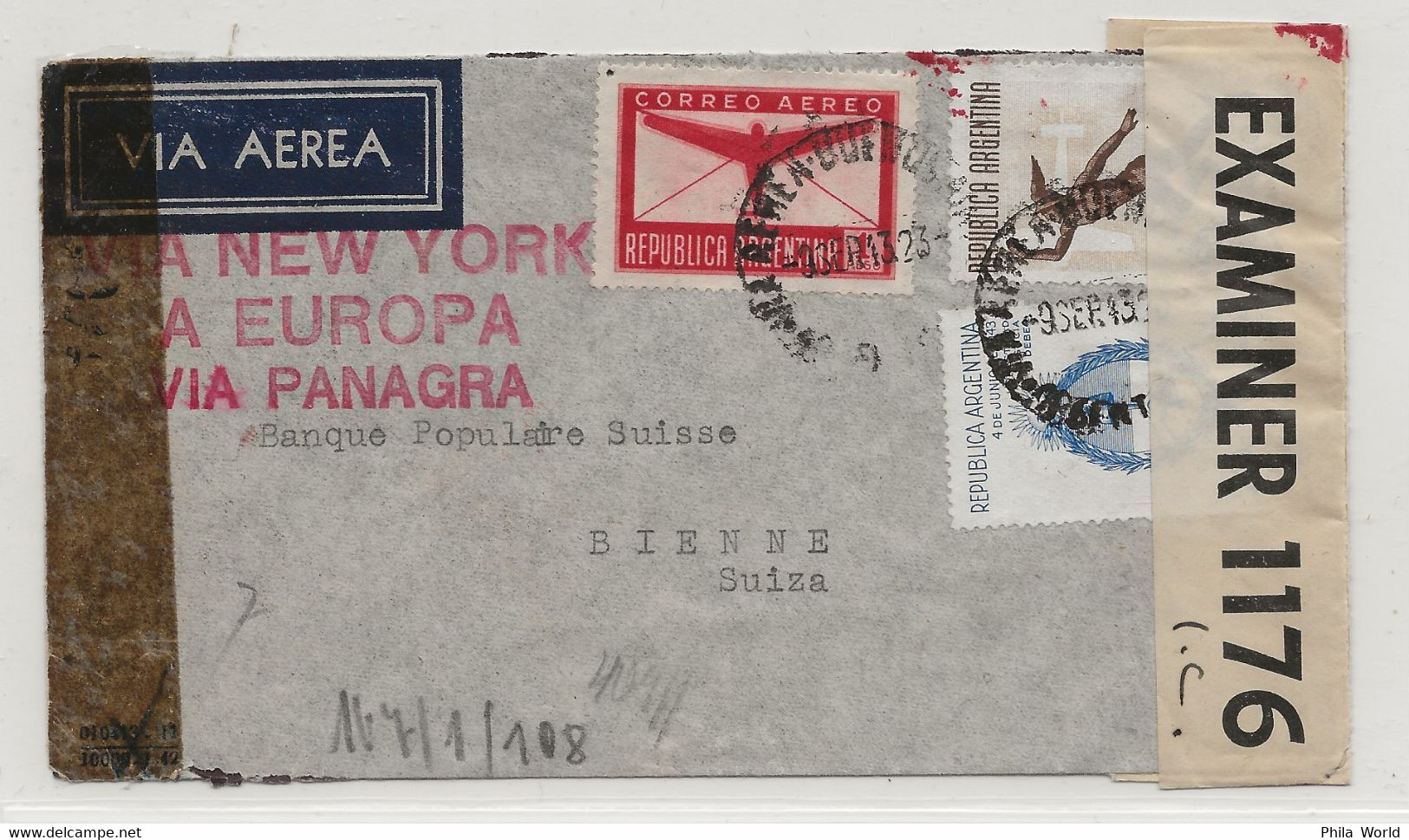 ARGENTINA WW2 1943 Buenos Aires Air Mail Cover > SWITZERLAND Suiza PANAGRA Censortape Bermuda EXAMINED 1176 - Storia Postale