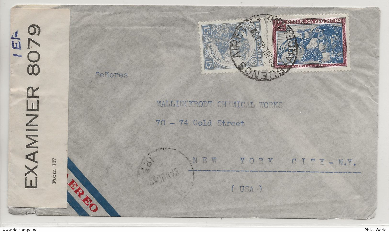 ARGENTINA WW2 1942 Buenos Aires Air Mail Cover > USA TRINIDAD Censortape EXAMINED 8079 - Covers & Documents