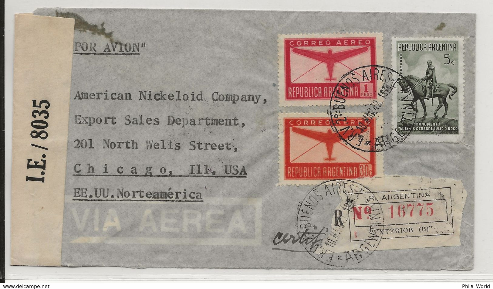 ARGENTINA WW2 1942 Buenos Aires Air Mail Cover > USA TRINIDAD Chicago Censortape EXAMINED 8035 - Covers & Documents