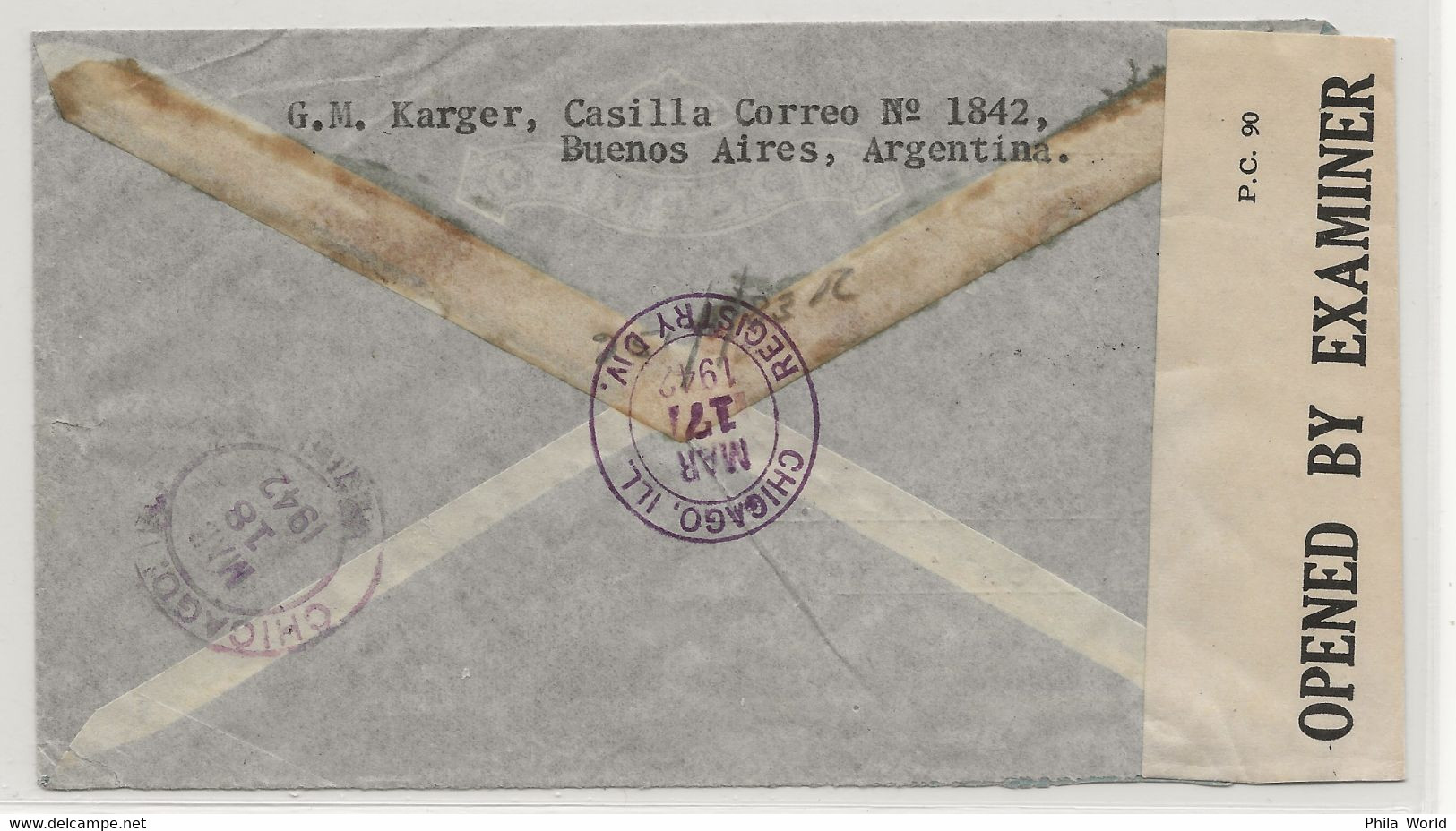 ARGENTINA WW2 1942 Buenos Aires Air Mail Cover > USA TRINIDAD Chicago Censortape EXAMINED 8035 - Storia Postale