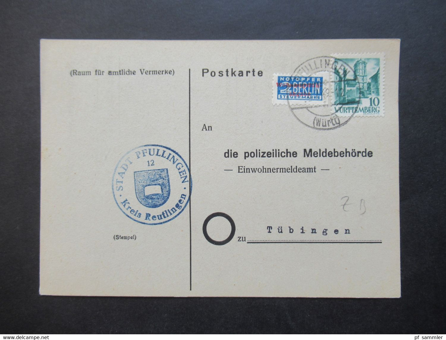 Französische Zone Württemberg 18.6.1949 Postkarte Mit Notopfer Wohnungsbau-Abgabe Mit Interessanter Zähnung! - Württemberg