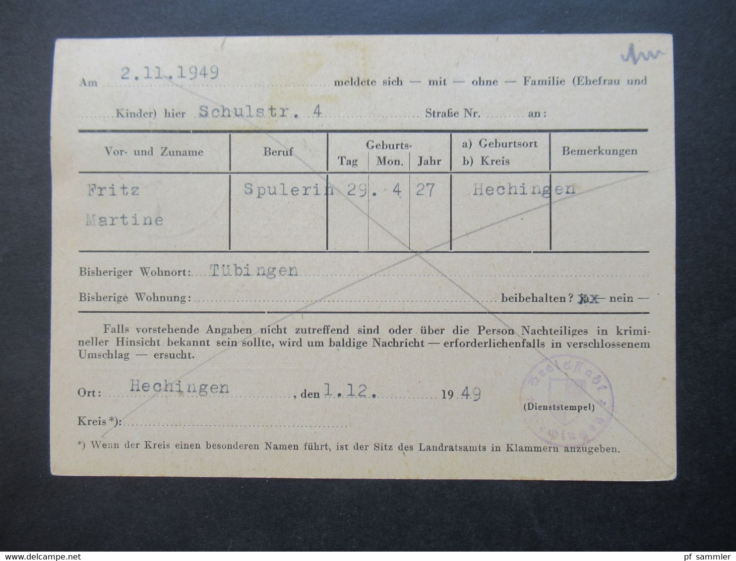 Französische Zone Württemberg 3.12.1949 PK Mit Wohnungsbau-Abgabe Nr.3 Nachrichtenaustausch Der Meldebehörden - Wurtemberg