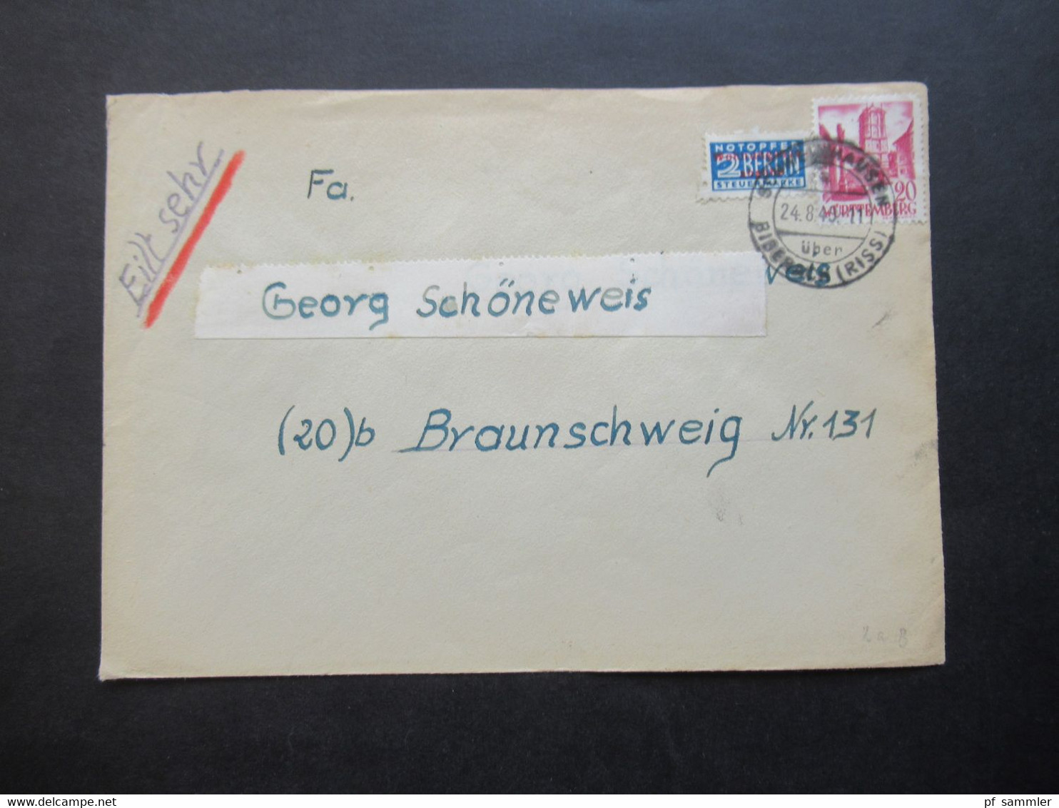 Französische Zone Württemberg Nr.34 EF 8.1949 Stempel Schweinhausen über Biberach (Riss) Mit Notopfer Wohnungsbau Abgabe - Wurtemberg