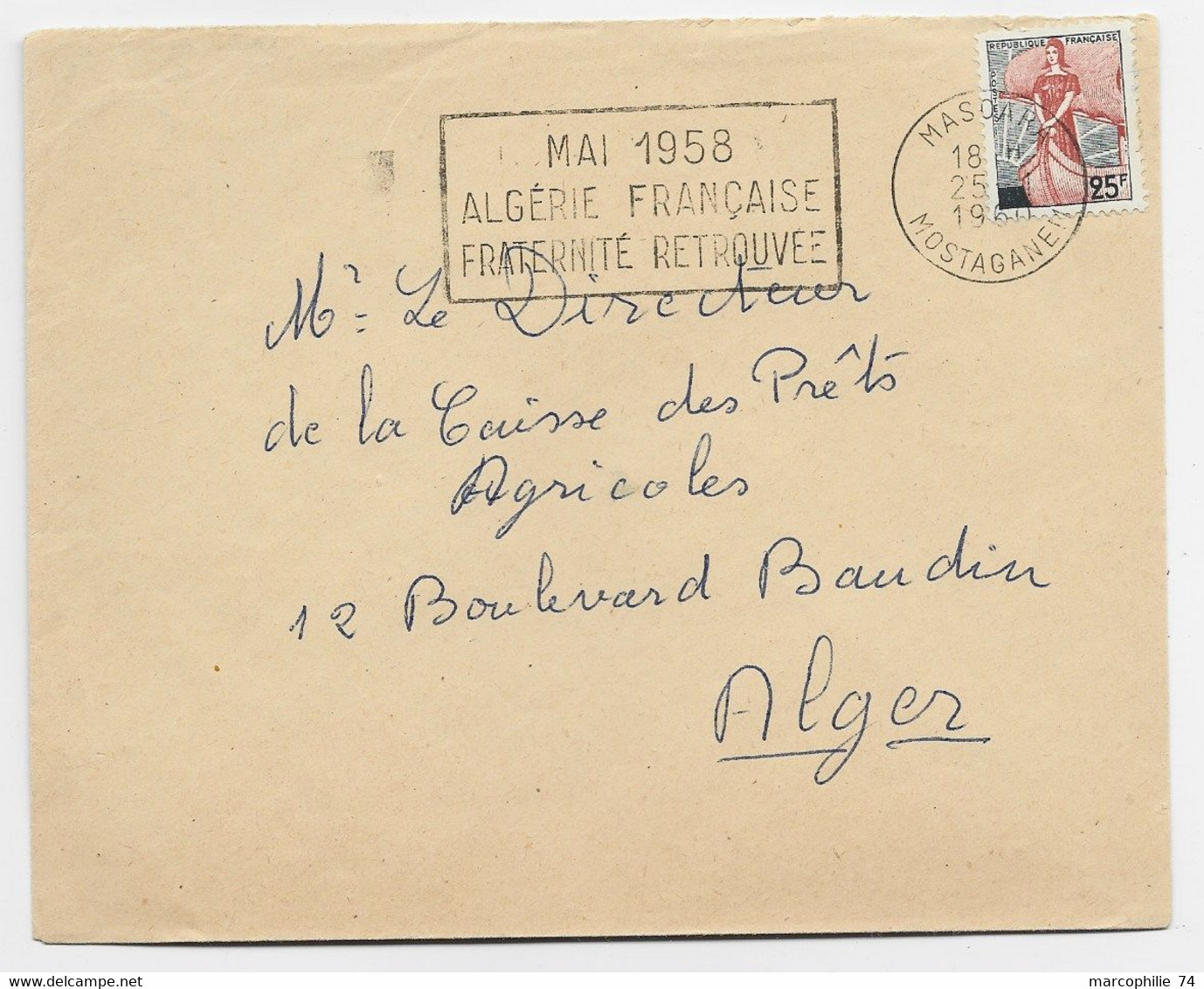 FRANCE N° 1215 LETTRE MEC SECAP MAI 1958 ALGERIE FRANCAISE FRATERNITE RETROUVEE MASCARA 1960 MOSTAGANEM - Oorlog In Algerije
