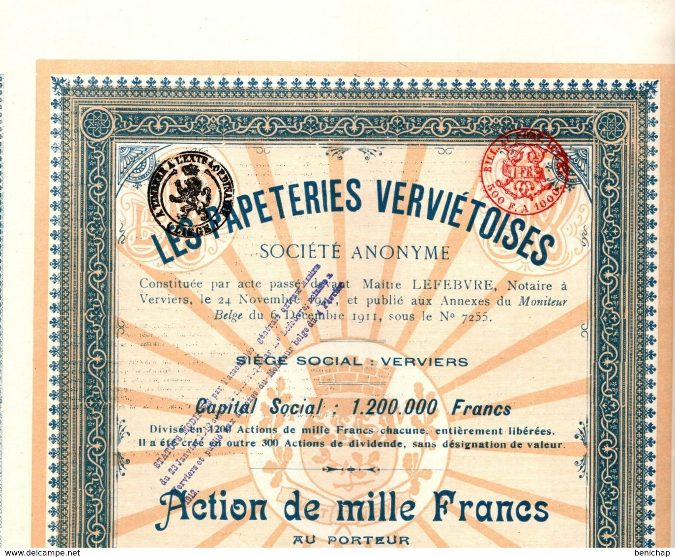 Les Papeteries Verviétoises S.A. - Action De 1000 Frs S.A. Au Porteur - Verviers Décembre 1911. - Industrie