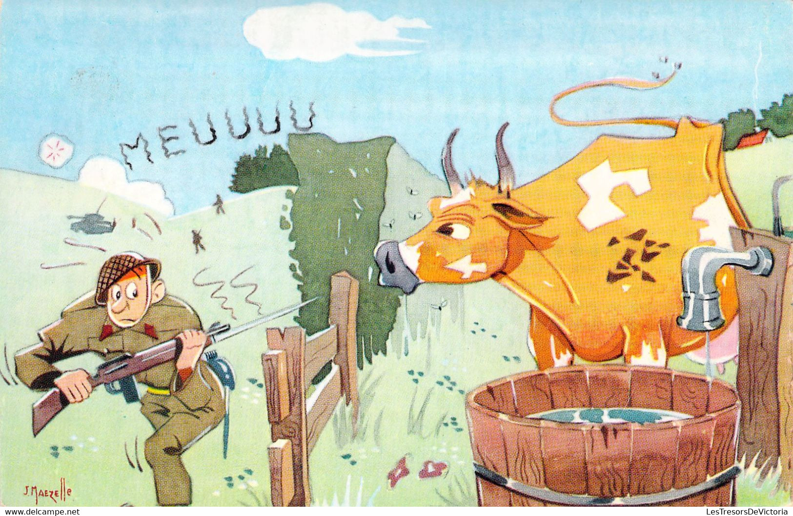 HUMOUR - Vache Poursuit Un Militaire - J MAEZELLE - Illustration Signée - Carte Postale Ancienne - Humour