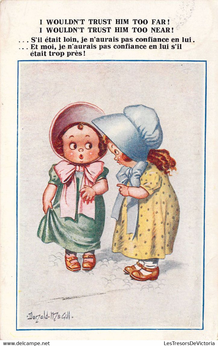 HUMOUR - Illustration Signée Donald Mac Gill - Deux Fillettes En Bonnet De Prairie Discutent - Carte Postale Ancienne - Humour