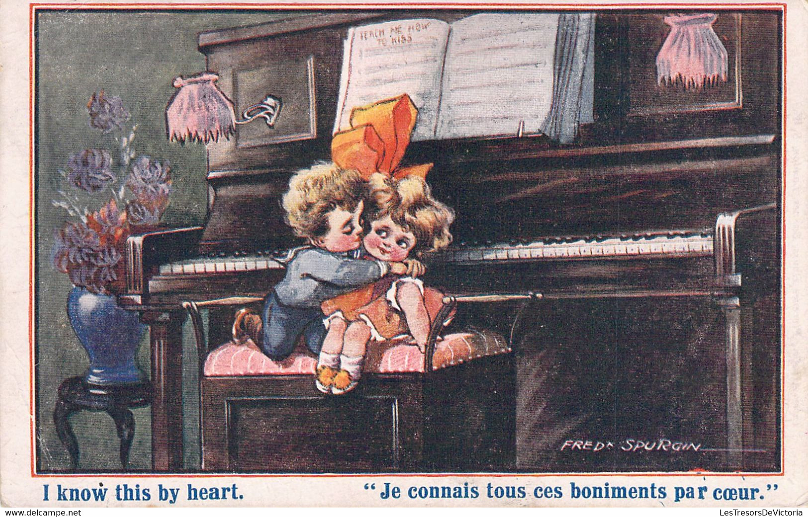 HUMOUR - Illustration Signée FRED SPURGIN - Baiser Sur Le Siège D'un Piano - Enfants - Carte Postale Ancienne - Humour