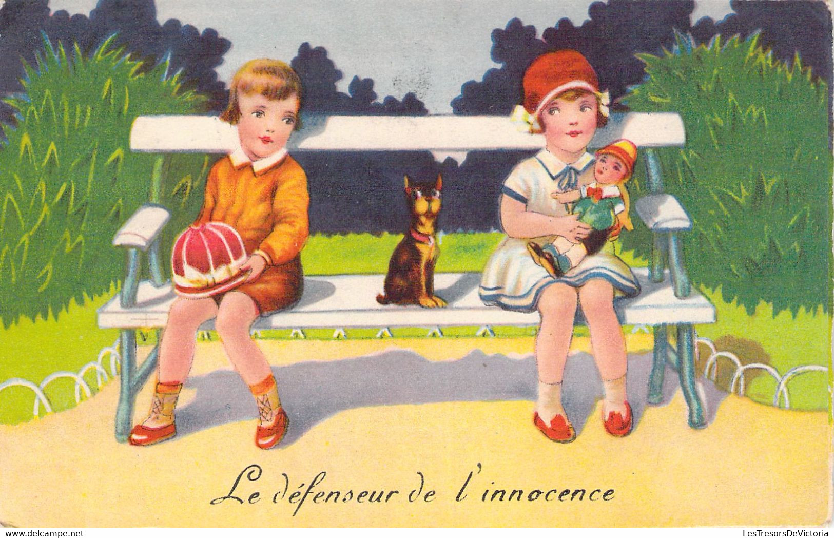 HUMOUR - Illustration Non Signée - Défenseur De L'innocence - Chien - Banc Public - Enfants - Carte Postale Ancienne - Humour