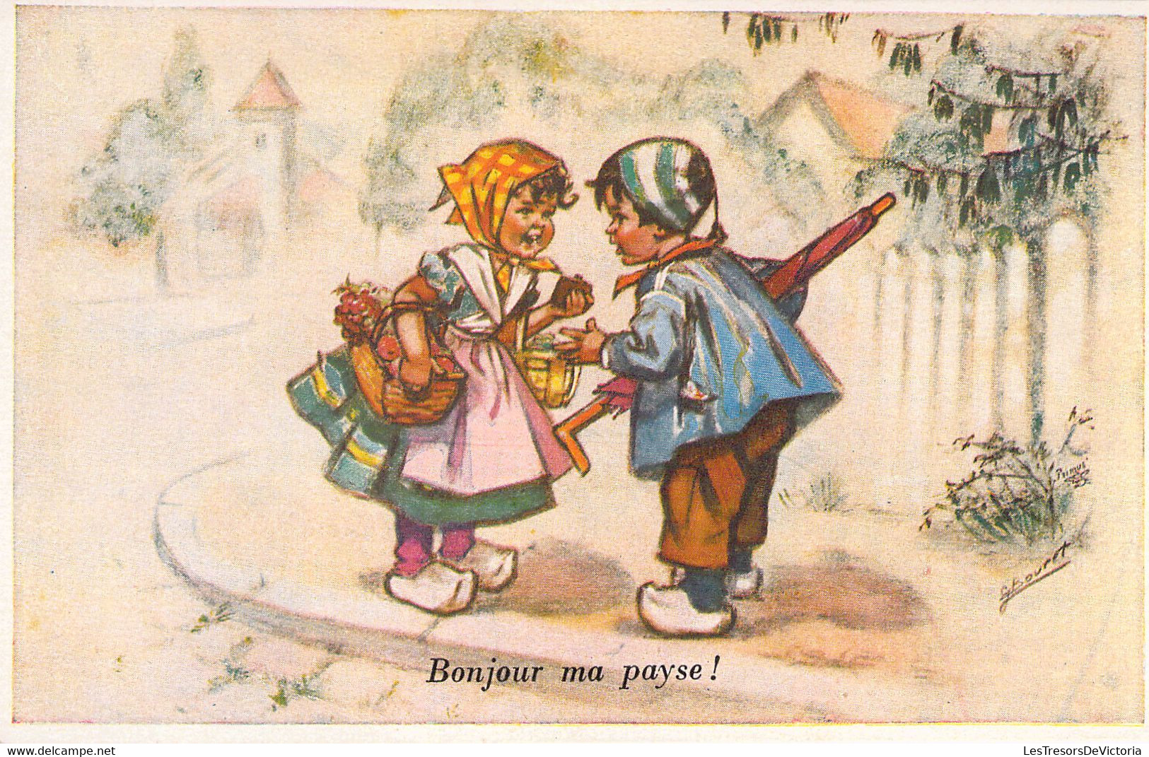 HUMOUR - Illustration Signée - Bonjour Ma Payse - Enfants - Carte Postale Ancienne - Humour