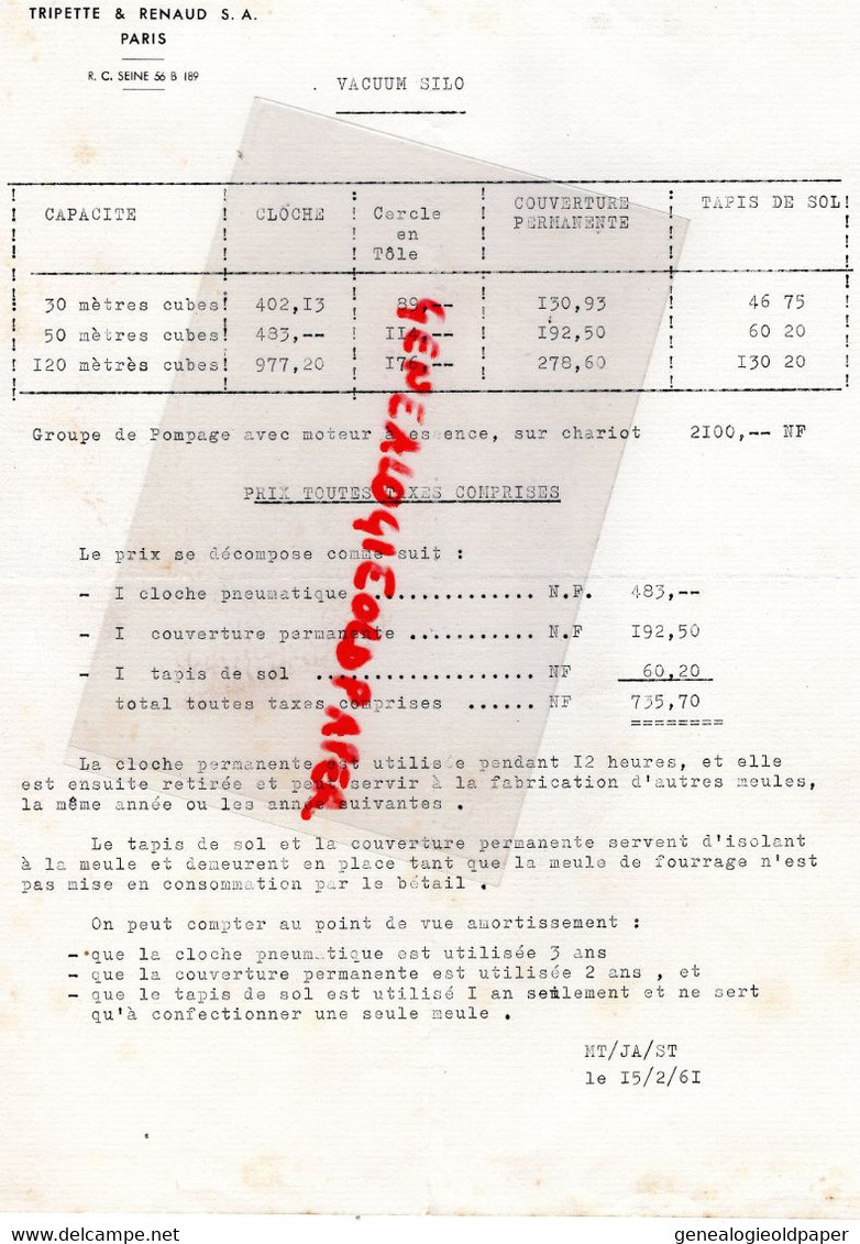 75-PARIS-PUBLICITE AGRICULTURE-TRIPETTE ET RENAUD-CONSERVATION FOURRAGES GRAINS-39 RUE J.J. ROUSSEAU-VACUUM SILO -1961 - Landwirtschaft