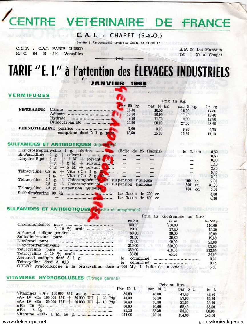 78- CHAPET-VERSAILLES-LES MUREAUX- TARIF 1965- CENTRE VETERINAIRE FRANCE-ELEVAGES INDUSTRILES-AGRICULTURE-PORCOFERRINE - Agriculture