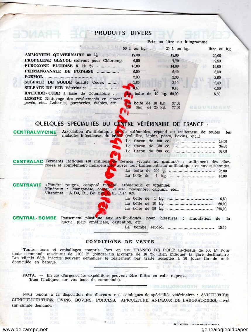 78- CHAPET-VERSAILLES-LES MUREAUX- TARIF 1965- CENTRE VETERINAIRE FRANCE-ELEVAGES INDUSTRILES-AGRICULTURE-PORCOFERRINE - Agriculture