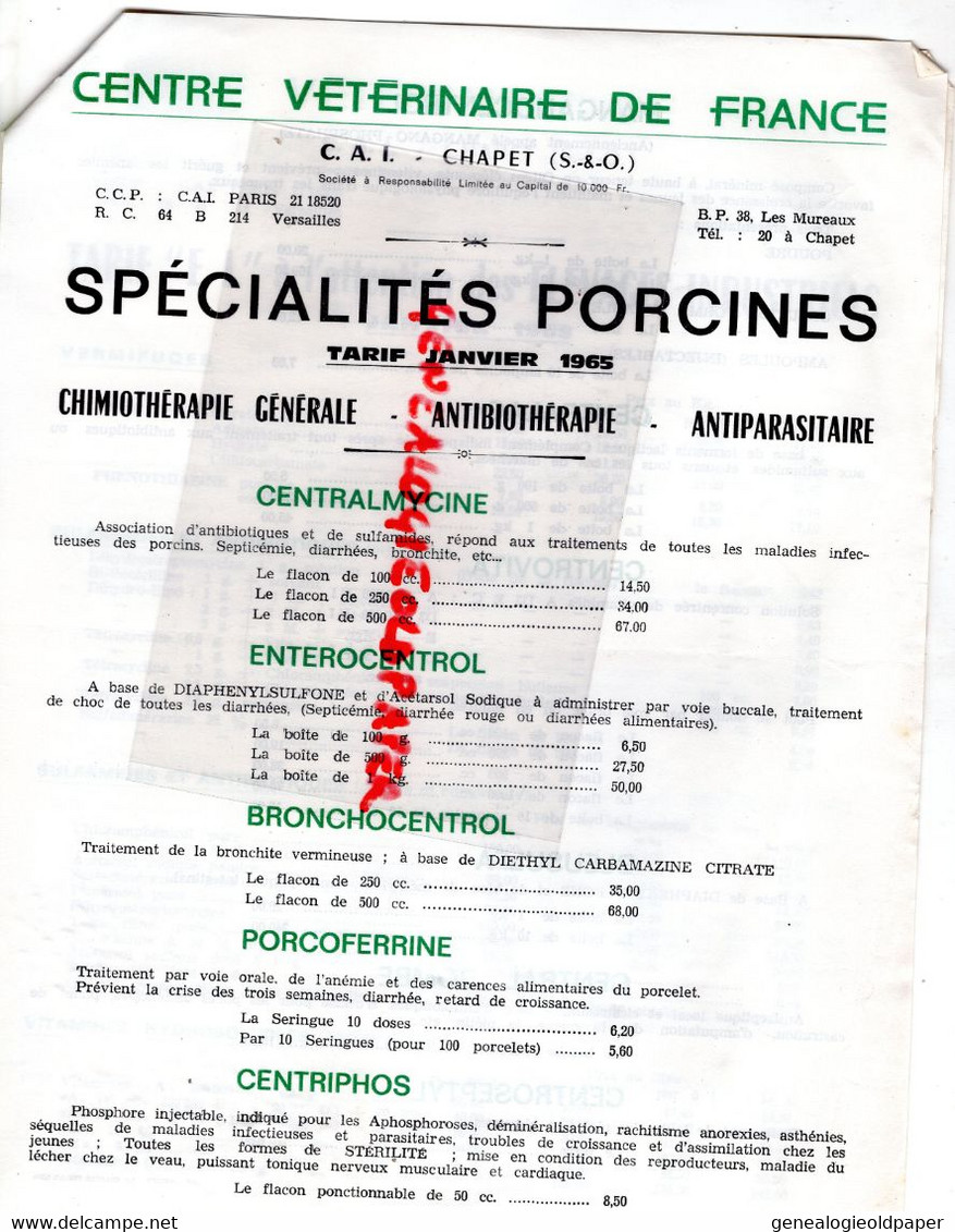 78- CHAPET-VERSAILLES-LES MUREAUX- TARIF 1965- CENTRE VETERINAIRE FRANCE-ELEVAGES INDUSTRILES-AGRICULTURE-PORCOFERRINE - Agriculture