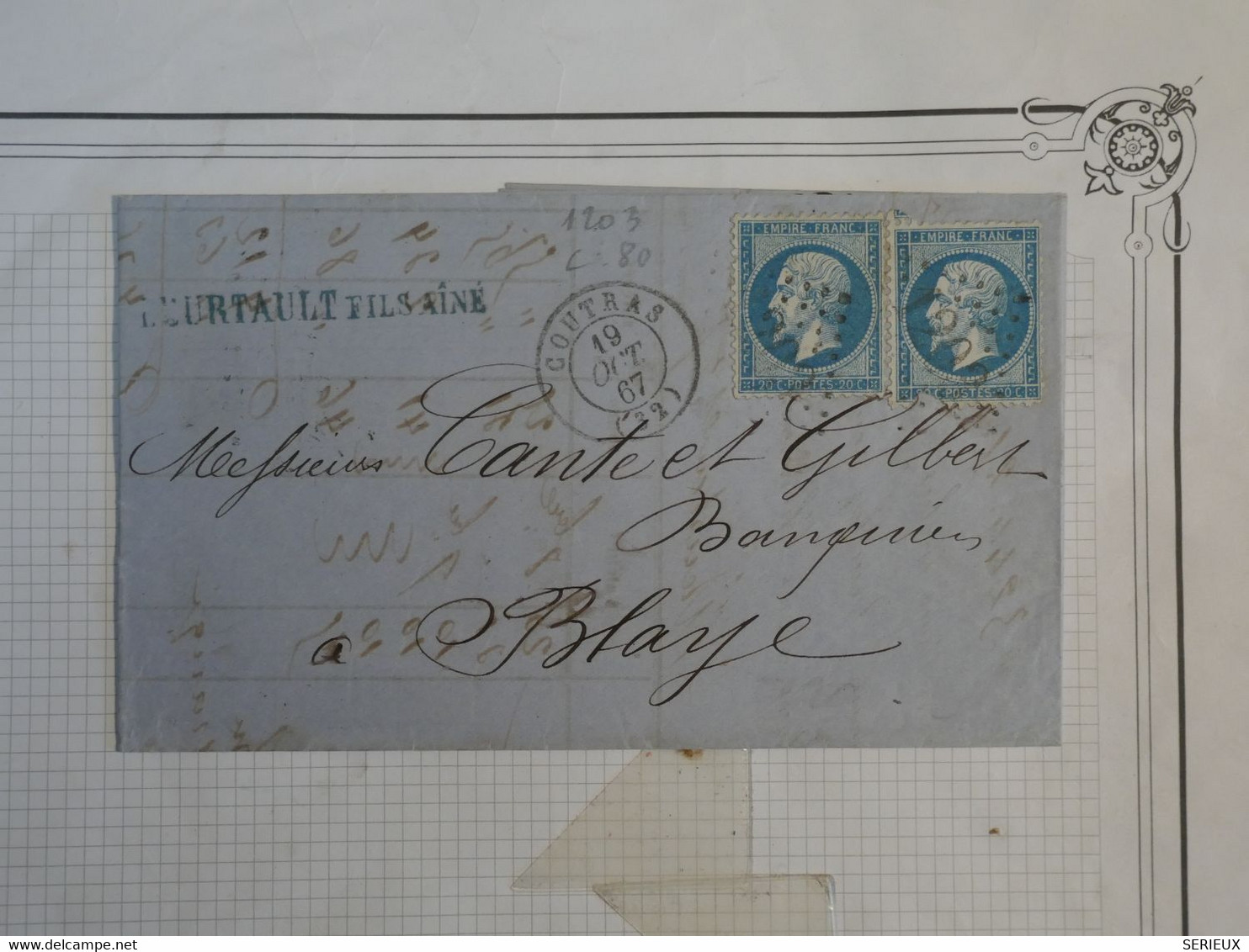 AP19 FRANCE  BELLE  LETTRE  RR 1867 COURTRAS A BLAYE +NAP.  N°22  ++ AFFRANCH. INTERESSANT ++ - 1862 Napoleon III