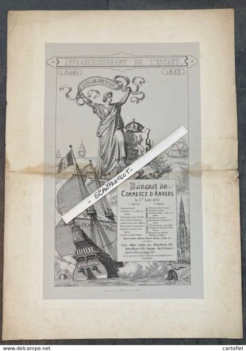 GRAND MENU-BANQUET-COMMERCE-ANVERS-AFFRANCHISSEMENT-L'ESCAUT-1863-HUBERT MEYER-LITHOGRAPHIE-S.MAYER-DIM+-23-38CM-TOP - Menu